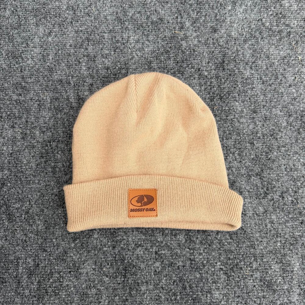 Mossy Oak Tan Knit Cuffed Beanie Hat Leather Logo Patch